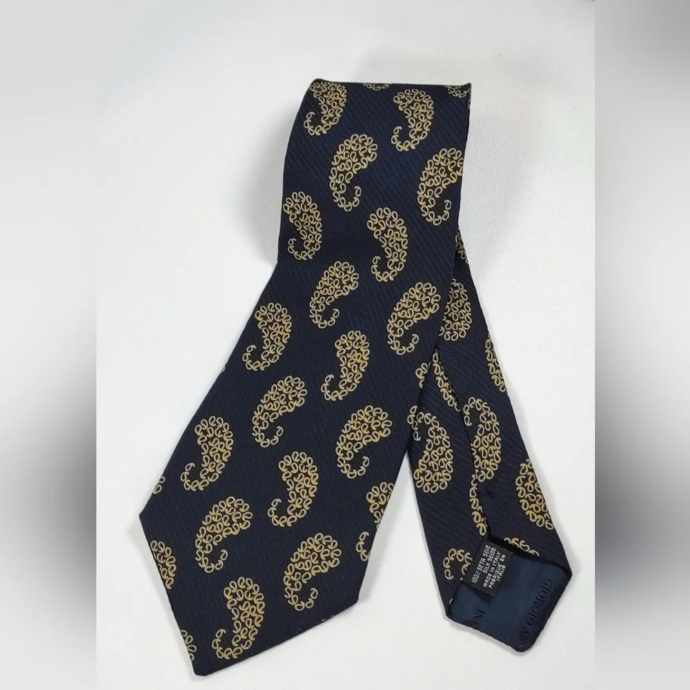 Giorgio Armani Cravatte Dark Blue Tie with Gold Paisley Pattern